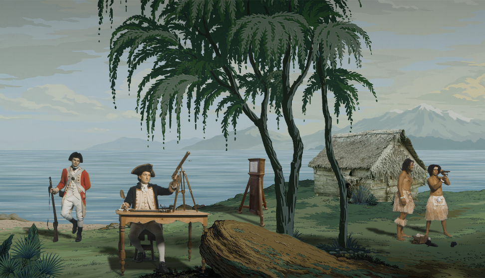 Illustrated coastal scene with sailors and Indigenous people: one officer works at a table with scientific instruments, another stands with a musket, and two Indigenous figures stand near a thatched hut by the water with mountains in the distance.